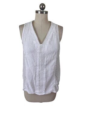 Soft Surroundings White V-Neck Top Womens Small Pintuck Paneling Boho Summer